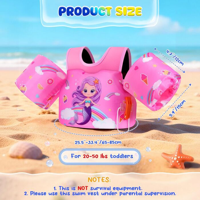 Надувні рукавики для плавання MoKo для дітей, рожевий, райдужний, фіолетовий, мотив русалки, 9-23 кг