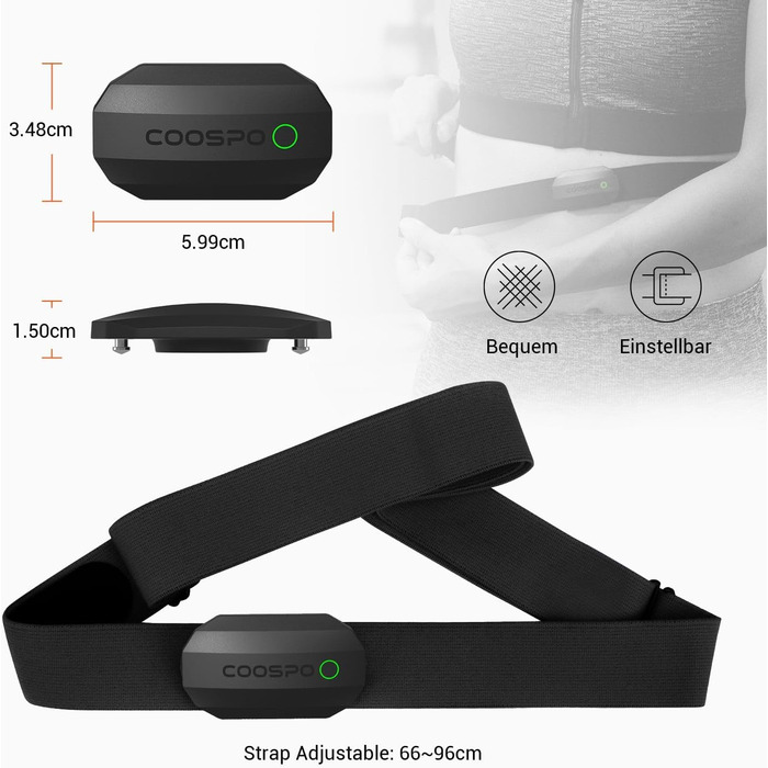 Пульсометр COOSPO H808S з нагрудним ременем ANT+/Bluetooth, HRM Premium, водонепроникний (IP67), сумісний з Polar, Wahoo, Garmin, Zwift, Strava