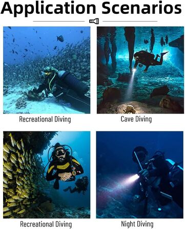 WindFire Перезаряджувана водонепроникна дайверська ліхтарик для дайвінгу та снорклінгу, 4 режими освітлення, індикатор заряду