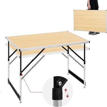 Стіл для кемпінгу, розкладний садовий, робочий, балконний від WOLTU® - регульована висота, алюміній, сталь, МДФ (світлий дуб)