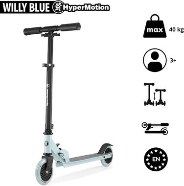 Самокат дитячий HyperMotion Willy складаний, регульований кермо, гумові колеса, до 40 кг, чорний/блакитний