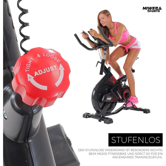 Велотренажер Miweba Sports MS300 для дому, 13 кг маховик, до 100 кг, амортизатор, тримач для планшета, транспортні ролики, регулювання, ергометр, спін-байк чорний