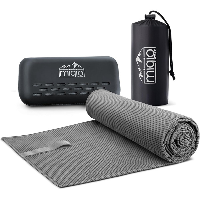 Рушник Miqio Sport з мікрофібри, структурований, ультралегкий та швидковисихаючий | для спорту, відпочинку, подорожей | 90 x 200 см, темно-сірий + коробка