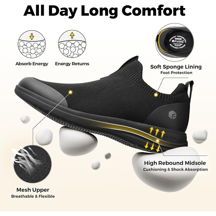 Жіночі кросівки FitVille V3: зручні, дихаючі, широкі (38 EU) для ходьби, фітнесу, занять спортом та активного відпочинку. Чорний колір