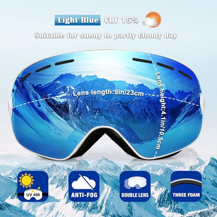 Снігові окуляри EXP VISION для чоловіків та молоді, захист 100% UV400, антизапітніння, знятна сферична лінза (M, блакитний)