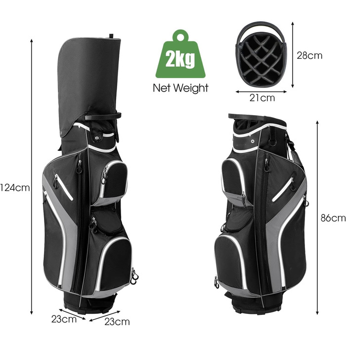 Сумка для гольфу LIFEZEAL Stand Bag сірого кольору з 14 відділеннями, підставка, ремінь, тримач для напоїв, 9 кишень, кишеня-холодильник, тримач для парасольки