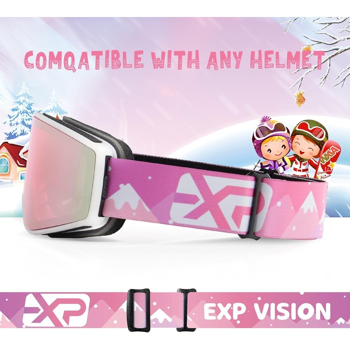 Дитячі та дорослі лижні окуляри EXP VISION з антифогом, 100% UV захист, OTG, комплект для батьків і дітей, рожеві для сноуборду та катання на лижах