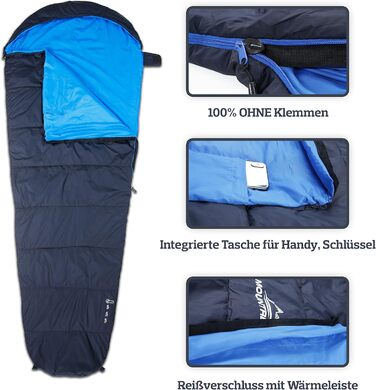 Сплячий мішок MOUNTREX® - ультралегкий, компактний (760г/1500г) - для кемпінгу, подорожей, фестивалів. 3-4 сезони, Mumienschlafsack, 1500г (RV Links). Темно-синій/синій.