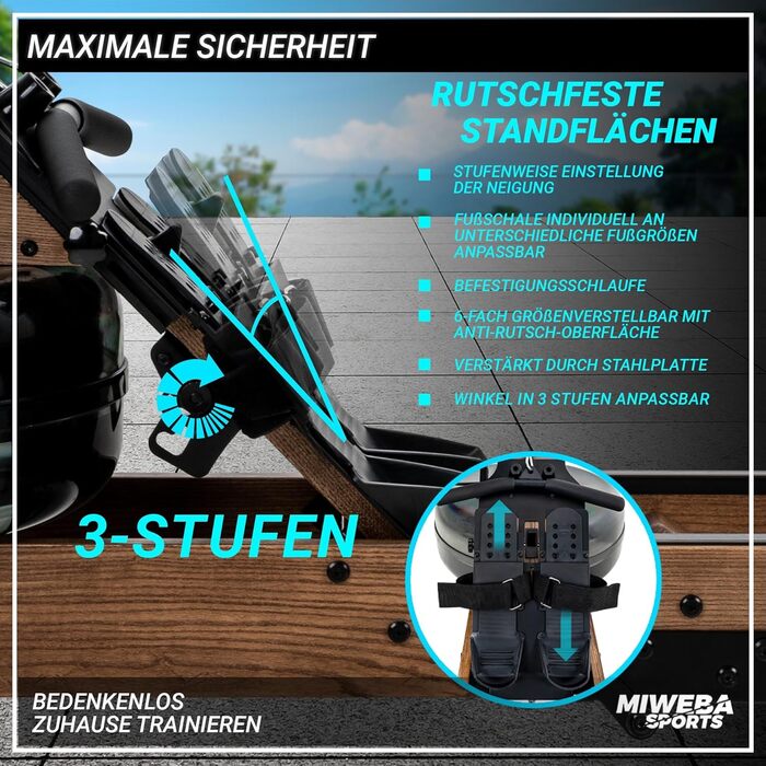 Гребний тренажер Miweba Sports MR700 Pro для дому, водний, складаний, з Bluetooth, LED баком, сумісний з Kinomap, дерев'яний