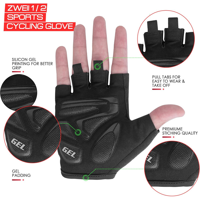 Чоловічі велосипедні рукавички напівпальці, дихаючі, для відпочинку та спорту, з гелевою підкладкою, антиковзаючі, для активного відпочинку та тренувань, зелені (XL, червоні)