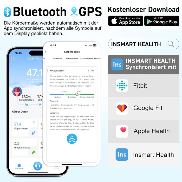 Інсмарт Розумна вага з великим дисплеєм, 227 кг/500 фунтів, аналіз складу тіла, Bluetooth, APP, 18 показників (BMI, вага, жир, пульс, м'язи). Білий/Помаранчевий