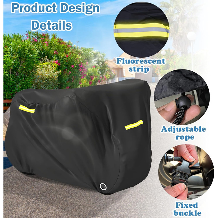 Водонепроникний чохол для велосипеда, захисна покриття з світловідбиваючими смугами, 420D Oxford, чорний, для 2 велосипедів (210x112x112 см)
