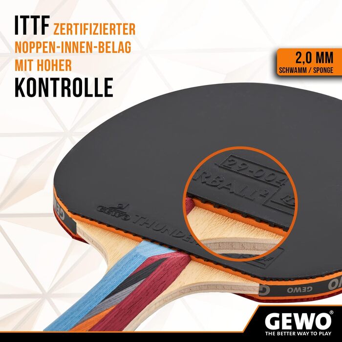 GEWO SMASH ракетка для настільного тенісу ITTF, дитяча, для змагань, універсальна, покриття Thunderball 2, висока обертальність, ручка конкав, губка 2,0 мм
