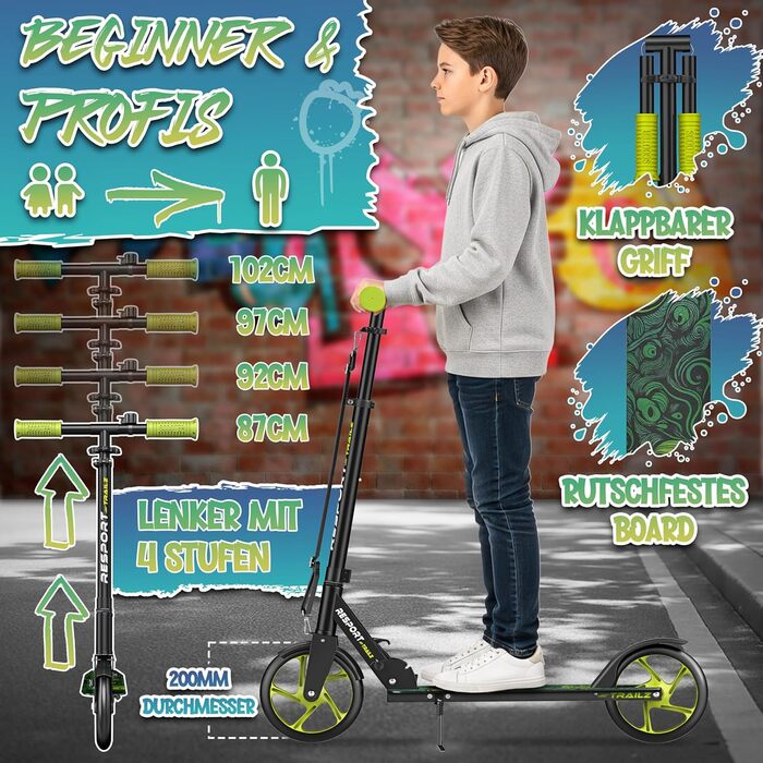 Дитячий та дорослий трюковий самокат Cityroller з дзвіночком та ременем | Висота регулюється, складається, до 100 кг | Великі колеса, чорний/зелений