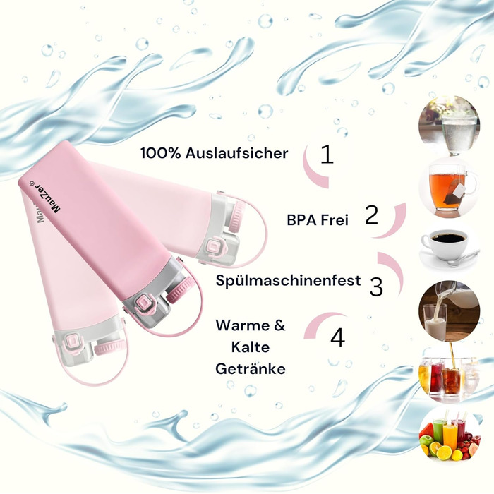 Складана пляшка для води Mauzer® з трубочкою - 600 мл, силікон, BPA free, для дітей, спорту, подорожей, кемпінгу, фестивалів (Рожева)