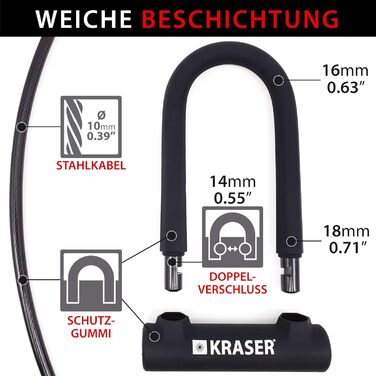 Замок для велосипеда KRASER KR65145B: U-lock + сталевий трос 120см + кріплення. Висока безпека