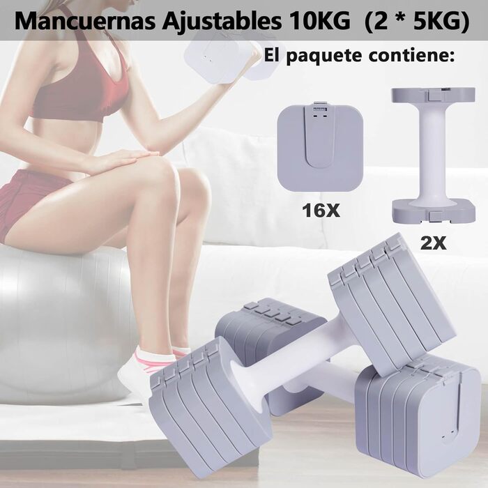 Регульовані гантелі 10 кг (2 x 5 кг), водонепроникні, компактні, легко регулюються, ідеальні для домашніх тренувань (сірі)