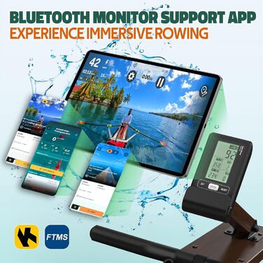 Домашній гребний тренажер з дерева з водяним опором 90°, Bluetooth-дисплей, максимальний зріст користувача 200 см, 2 роки гарантії