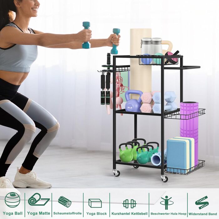 Стійка для зберігання спортивного обладнання Smusei: 3 яруси, металева, з роликами та 8 гачками. Підходить для йог-матів, гантелей, гир, кульок та іншого. Чорний колір.