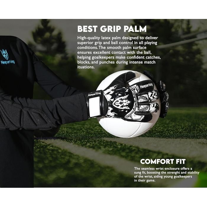Воротарські рукавички Keeperking для футболу: дорослі, дитячі, підліткові, з/без захисту пальців (4 мм), унісекс (чорні, 5)