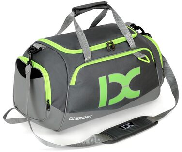 Спортивна сумка для подорожей INOXTO, складана дорожня сумка з відділенням для взуття та мокрих речей, універсальна сумка для кемпінгу та вікенду (Сіра з флуоресцентним зеленим)