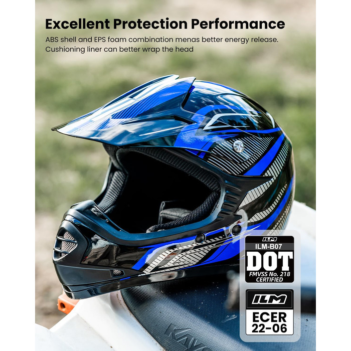 Дитячий мотоциклетний шолом ILM Motocross з окулярами та рукавичками, ECE сертифікований (S, Синій/Срібний)