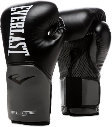 Боксерські рукавички Everlast Elite 2: для спарингу, роботи з манекеном та відбивання, клямка, ергономічна конструкція, роздільний піноспонж, оригінальні чорно-сірі, 10OZ