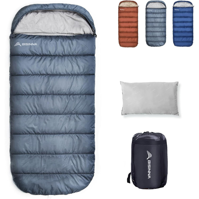 Спальний мішок BISINNA XXL для великих дорослих, 3-4 сезони, зимовий, теплий, для кемпінгу, сірий, 1.5 кг, блискавка справа