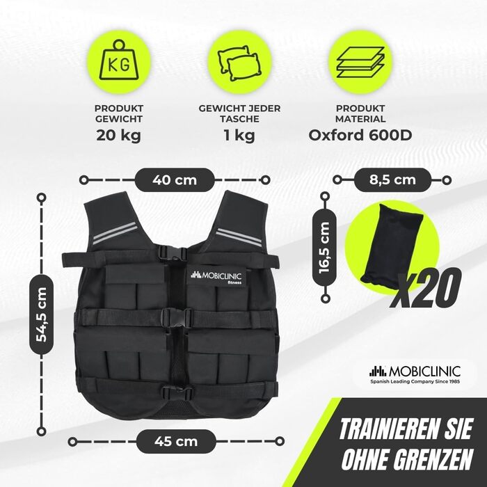 Вага для тренувань Mobiclinic® 10/20 кг, регульована, міцна, 600D Oxford, з вагами, світловідбиваючі смуги