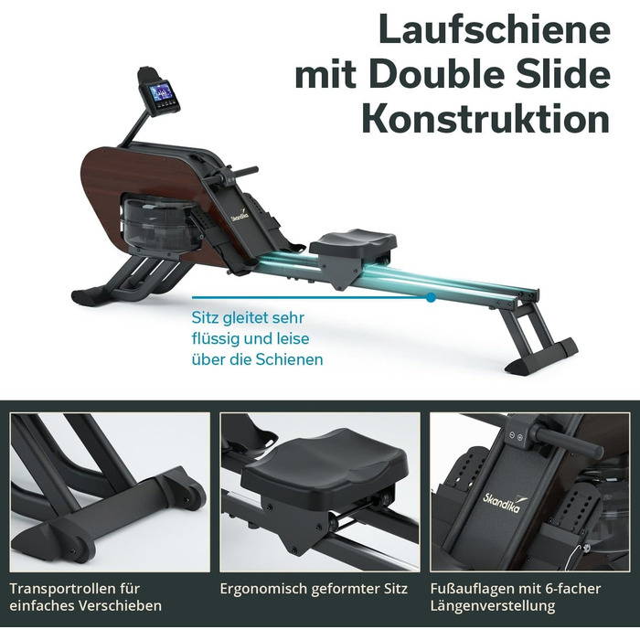 Гребний тренажер Skandika Nemo III Hybrid з водним та магнітним опором | 32 рівня електроніки, 15 програм, до 200 см, сумісний з додатком, дерев'яний | Фітнес-обладнання для дому