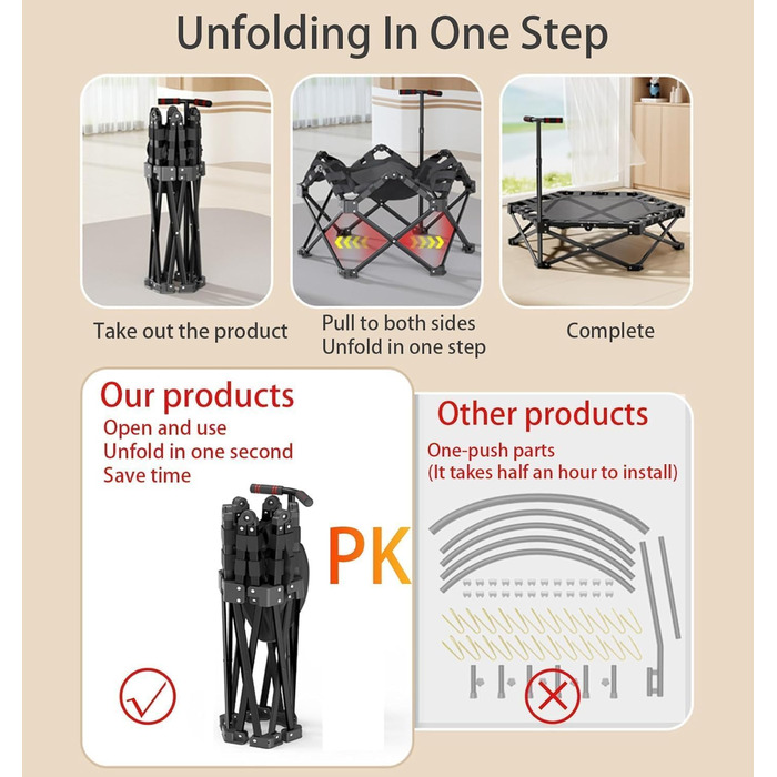 Батут фітнес складаний 106 см, вантажопідйомність 200 кг, регульована ручка (3 положення), тихий, для дітей та дорослих, для дому/вулиці