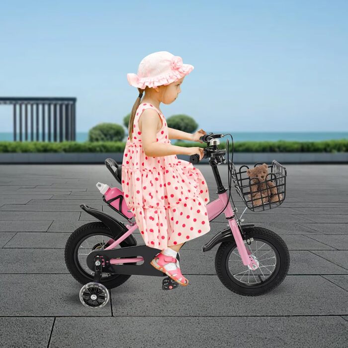 Дитяче велосипед 12 дюймів з регульованою висотою сідла, для дітей 2-5 років. Тренувальний велосипед з додатковими колесами, кошиком та пляшкою. Підходить для дівчаток та хлопчиків (Рожевий)