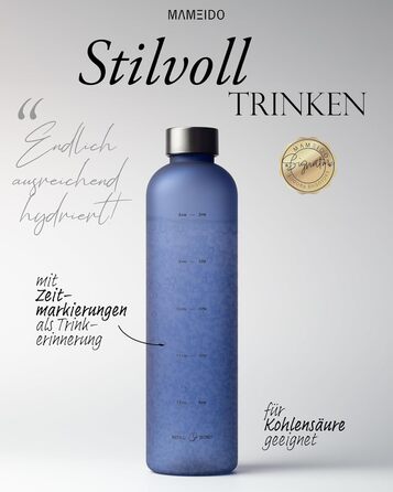 Фляга для води MAMEIDO 1 л з позначками часу, для спорту, фітнесу та офісу, BPA Free, Sapphire Blue