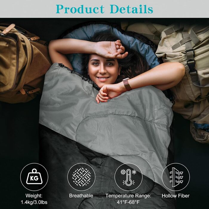 Спальний мішок Yarmiene 3-4 сезони, для дорослих та дітей, чорний+сірий