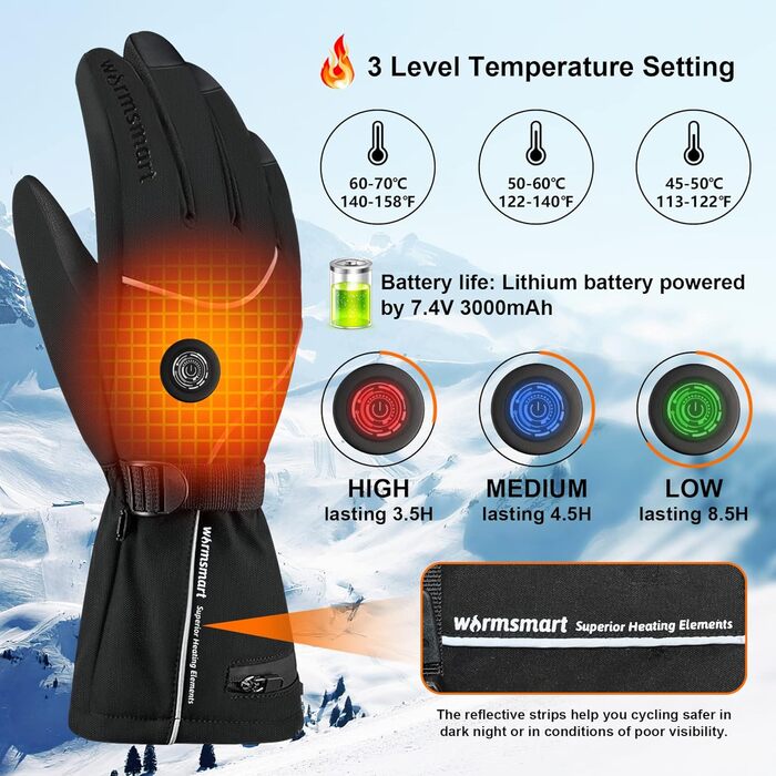 Обогревні рукавиці для чоловіків, 7.4V 3000Ah, чорні, для катання на мотоциклі та активного відпочинку