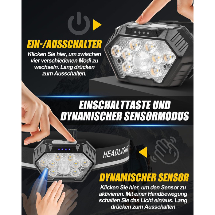 LED налобний ліхтар налобний ліхтар, перезаряжається, 9 LED, 1500mAh, кут нахилу 45°, 4 режими світла з датчиком руху, червоне світло, водонепроникний IPX4, для бігу вночі, піших прогулянок, кемпінгу, риболовлі, чорний