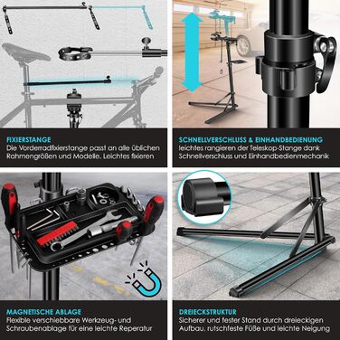 Підставка для збирання велосипедів KESSER® Profi Alu: міцна, 360° обертання, для гірських та електровелосипедів, з сумкою та набором для ремонту