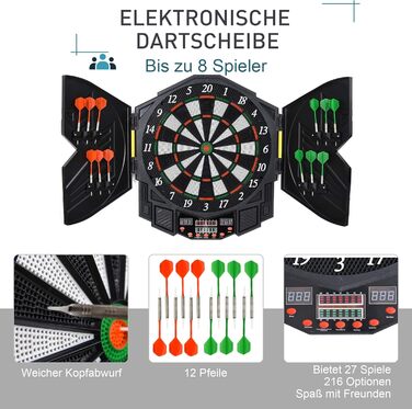 Електронна дартс-дошка HOMCOM з LED-дисплеєм, дверцятами, звуковими ефектами, 12 дротиками, 12 наконечниками, 27 іграми, 216 варіантами влучання для 8 гравців, 49x54,6x5,5 см