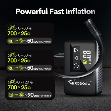 Електричний міні-насос GIGA PUMP для велосипеда, 120 PSI, акумуляторний, з LCD-дисплеєм, для шосейних, гірських та електровелосипедів, підходить для Presta і Schrader, налаштування тиску
