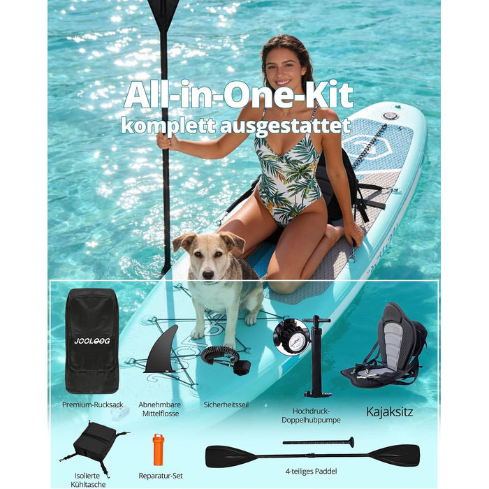 SUP дошка Premium Allround для початківців та досвідчених, з сидінням, до 200 кг, 320x81x15 см, м'ятно-бірюзово-біла + тримач для камери