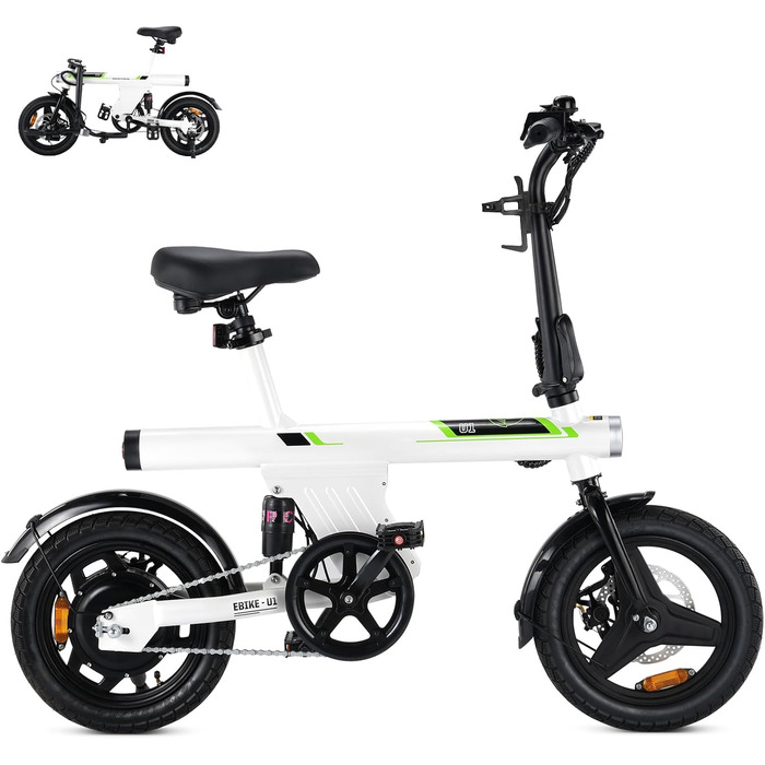 Складаний електровелосипед Finbike 14/16 дюймів, 250W, акумулятор 7.8Ah, швидка зарядка 3 год, до 45 км, 3 режими швидкості, для дорослих і підлітків, біло-зелений