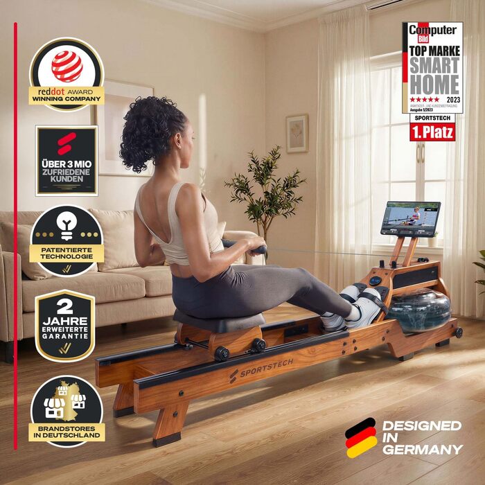 Гребний тренажер для дому PROwer WRX500 з водним/магнітним опором, LED-дисплеєм, Bluetooth, вертикальним зберіганням