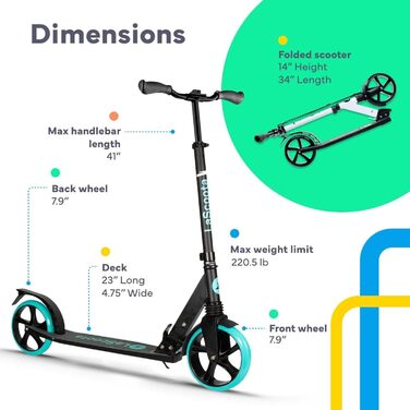 Lascoota Роликовий самокат для дітей від 8 років - дорослий, складний, регульована висота, амортизація переднього колеса, ремінь на плече, колеса 20 см, великий самокат для підлітків, колір: блакитний