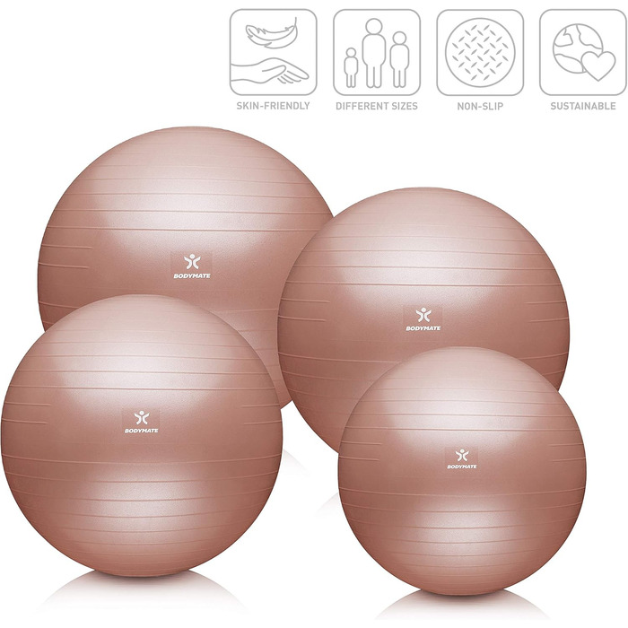М'яч для фітнесу BodyMate: фітбол для йоги, тренувань спини та офісного використання, 65 см, рожеве золото (з насосом та E-book)