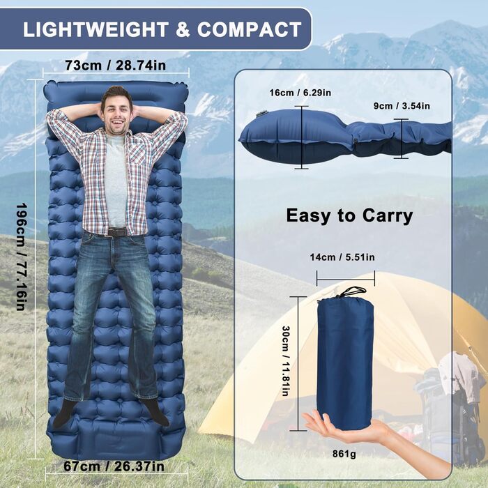 Каремат для кемпінгу Techshare самонадувний, потовщений, синій. Підходить для піших прогулянок, відпочинку на природі та кемпінгу. З насосом для накачування.