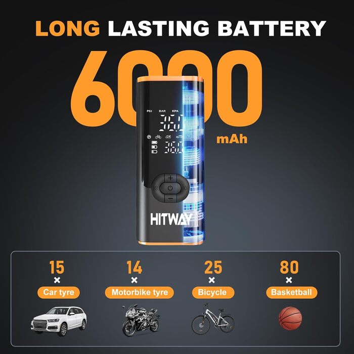 Електрична портативна насосна станція HITWAY 6000mAh, 150PSI, акумуляторний компресор для авто, велосипедів, мотоциклів і м'ячів, з функцією Powerbank