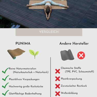 Йога мат PUNIMA XXL з натурального каучуку та корку (183x68x0.4 см) - довговічна фітнес килимок для йоги