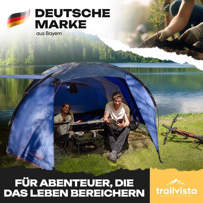 Намет Trailvista® Cevedale Zelt для 4 осіб: водонепроникний, легкий, швидко встановлюється, з тамбуром. Сімейний тунельний намет для кемпінгу, блакитний