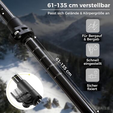 Комплект карбонових палиць для скандинавської ходьби та трекінгу (2 шт), ультралегкі, регульовані 62–135 см, з корковими ручками, для чоловіків та жінок