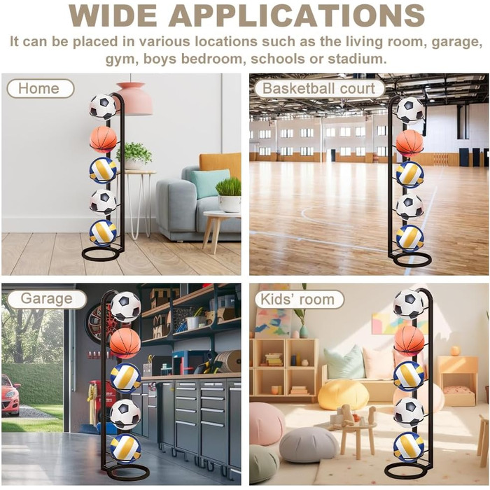 Стійка для зберігання м'ячів Kleemeiero: баскетбольний, футбольний, волейбольний, 5 м'ячів, 23.5 см, білий/чорний